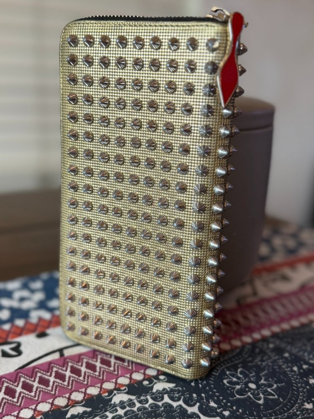 Christian Louboutin Panettone Metallic Gold Spiked Long Zippy Wallet, EUC